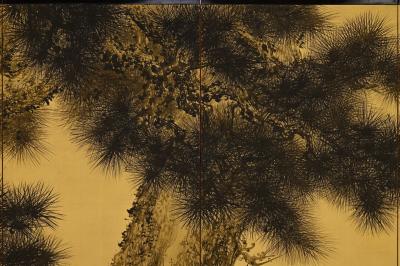 Imao Keisho Early 20th Century Japanese Screen Pair Ink Pine Trees on Gold