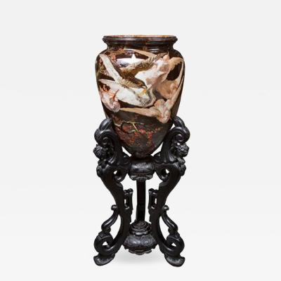 Important Glazed Ceramic Majolica Wear Vase on Stand