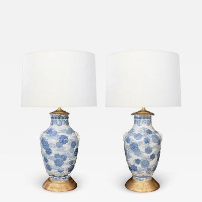 Important Pair of Japanese Meiji Period Blue White Vases Now Mounted as Lamps