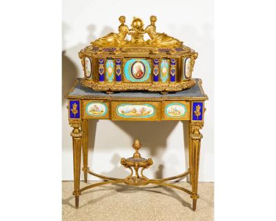 Important Rare French Ormolu Sevres Style Porcelain Jewelry Box on Bronze Table