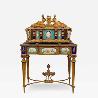 Important Rare French Ormolu Sevres Style Porcelain Jewelry Box on Bronze Table