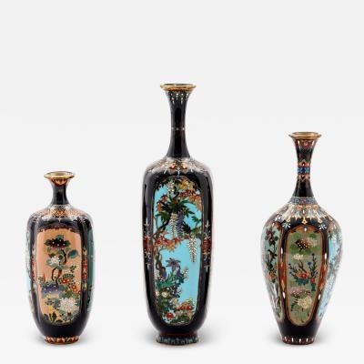 Important Set of Three Meiji Japanese Cloisonn Enamel Vases Signed by Ota