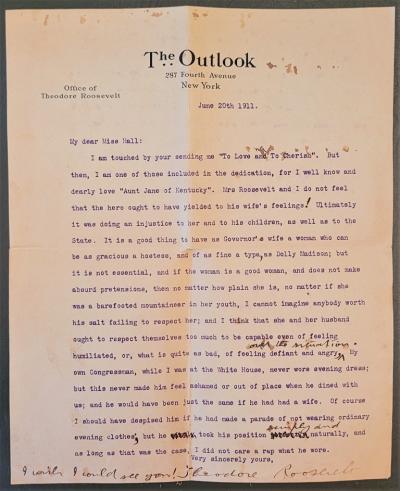 Important Teddy Roosevelt Letter of June 1911