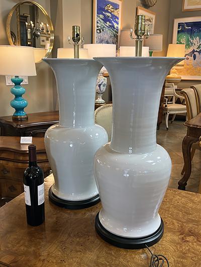 Imposing Pair Chinese Off white Glazed Ceramic Baluster Form Lamps