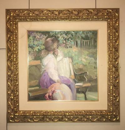 Impressionist Decorative Water Color in a Fine Gilt Frame Signed
