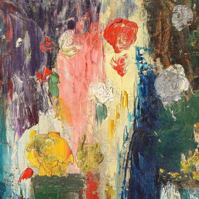 Impressionist Oil on Canvas Still Life of Flowers in Vases