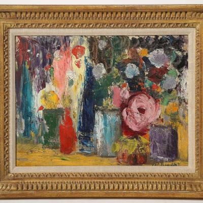 Impressionist Oil on Canvas Still Life of Flowers in Vases