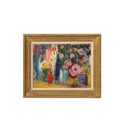 Impressionist Oil on Canvas Still Life of Flowers in Vases