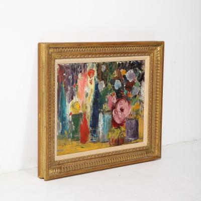 Impressionist Oil on Canvas Still Life of Flowers in Vases