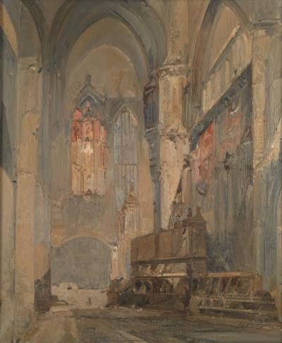 Impressionist Painting of a Cathedral Interior Early 20th Century