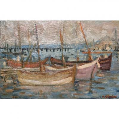 Impressionist Seascape Oil Painting W Boats by D ndar