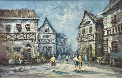 Impressionistic Oil on Canvas Painting of European Street Scene by L I Bernard