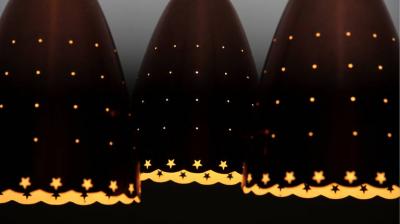 Impressive Copper Chandelier with Performated Shades and Tropic Wood Details