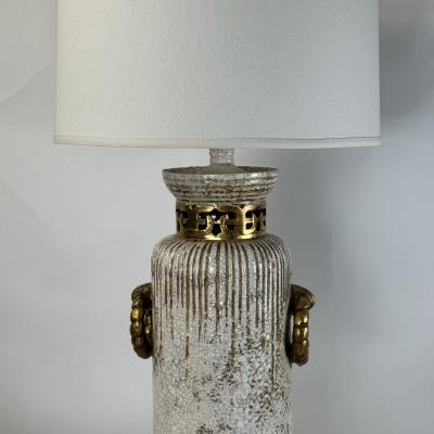 Impressive Crackled Cream and Gilt Glazed Ceramic Lamp with Custom Linen Shade
