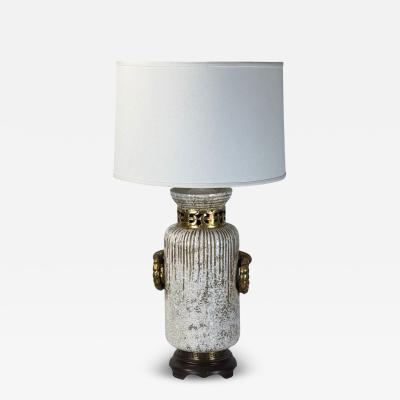 Impressive Crackled Cream and Gilt Glazed Ceramic Lamp with Custom Linen Shade