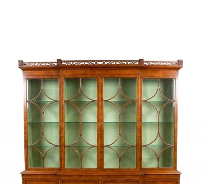 Impressive Early 20th Century George III Style Inlaid Walnut Breakfront Cabinet
