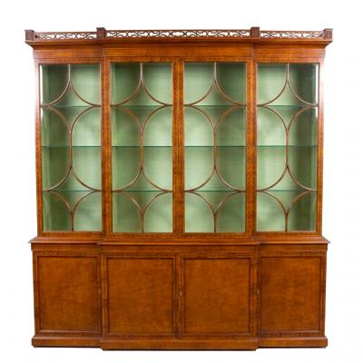 Impressive Early 20th Century George III Style Inlaid Walnut Breakfront Cabinet