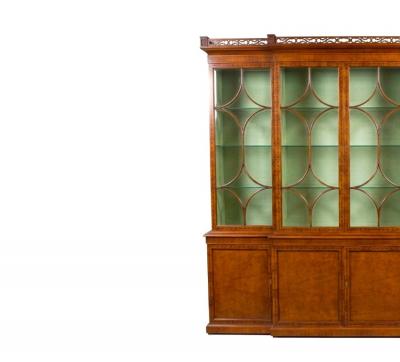 Impressive Early 20th Century George III Style Inlaid Walnut Breakfront Cabinet