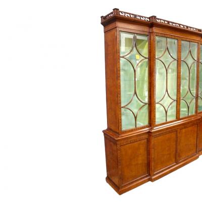 Impressive Early 20th Century George III Style Inlaid Walnut Breakfront Cabinet