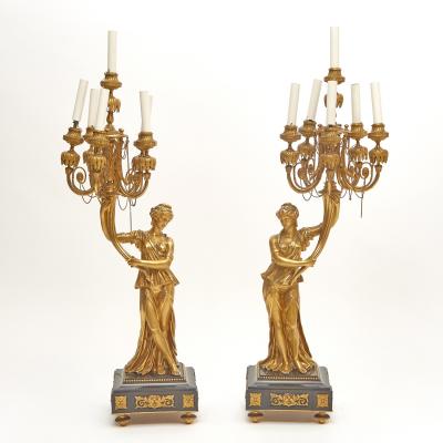 Impressive Pair 19th Century Gilded Bronze Ormolu Six Light Figural Candelabra