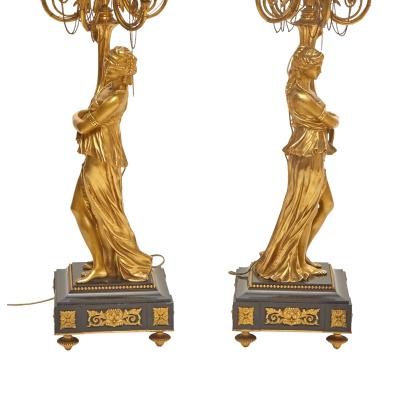 Impressive Pair 19th Century Gilded Bronze Ormolu Six Light Figural Candelabra