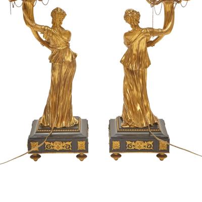 Impressive Pair 19th Century Gilded Bronze Ormolu Six Light Figural Candelabra
