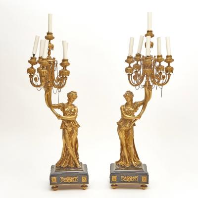Impressive Pair 19th Century Gilded Bronze Ormolu Six Light Figural Candelabra