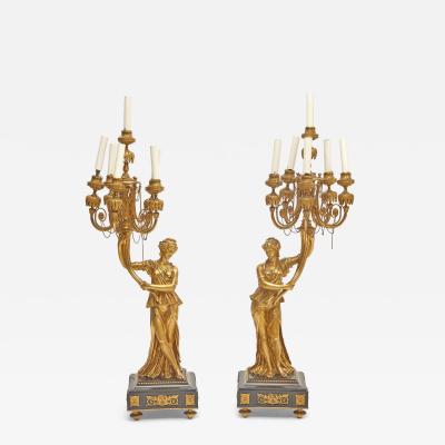 Impressive Pair 19th Century Gilded Bronze Ormolu Six Light Figural Candelabra