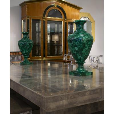 Impressive Pair of Artisan Neoclassical Malachite Urns 20th Century