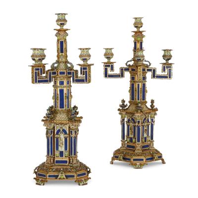 Impressive large antique Austrian enamel silver gilt and lapis lazuli clock set