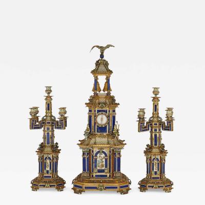 Impressive large antique Austrian enamel silver gilt and lapis lazuli clock set