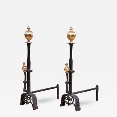 Impressively Scaled Iron and Brass Andirons