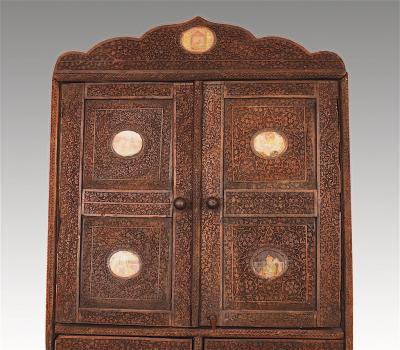Indian Vine Carved Eglomise Plaqued Corner Cabinet