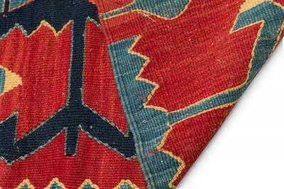 Indigenous American Woven Patterned Red Blue and Beige Rectangular Fringed Rug