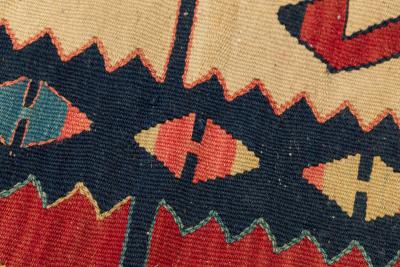 Indigenous American Woven Patterned Red Blue and Beige Rectangular Fringed Rug