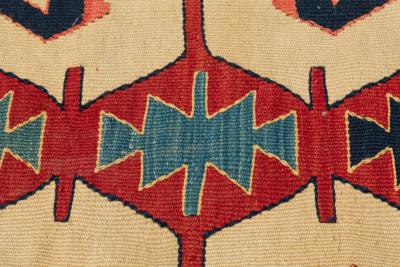 Indigenous American Woven Patterned Red Blue and Beige Rectangular Fringed Rug