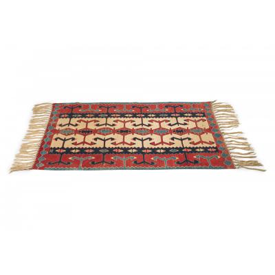 Indigenous American Woven Patterned Red Blue and Beige Rectangular Fringed Rug