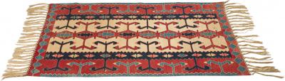 Indigenous American Woven Patterned Red Blue and Beige Rectangular Fringed Rug