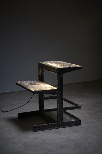 Industrial Cast Iron and Glass Floor Lamp and Ladder 1940s
