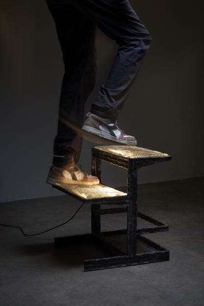 Industrial Cast Iron and Glass Floor Lamp and Ladder 1940s