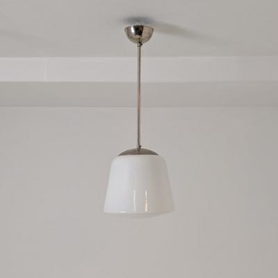Industrial Style Pendant in Nickled Brass White Opal Glass Melva 1950s