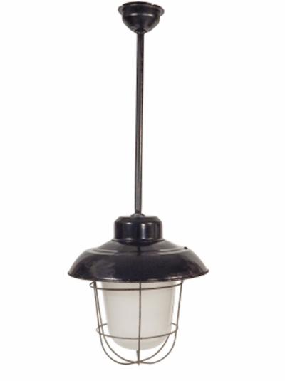 Industrial black enamel cage and glass globe lights 