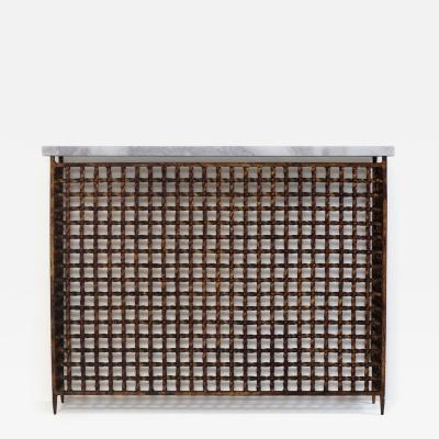 Intricate 1950s twisted iron radiator cover console with later marble top