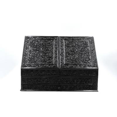 Intricately Carved Solid Ebony Anglo Indian Stationery Box Circa 1850