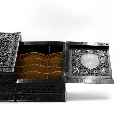 Intricately Carved Solid Ebony Anglo Indian Stationery Box Circa 1850
