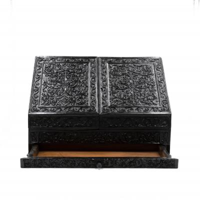 Intricately Carved Solid Ebony Anglo Indian Stationery Box Circa 1850
