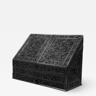 Intricately Carved Solid Ebony Anglo Indian Stationery Box Circa 1850