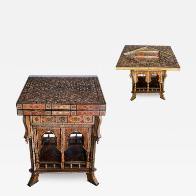 Intricately Inlaid Moorish Square Game Table with Pivoting Handkerchief Top