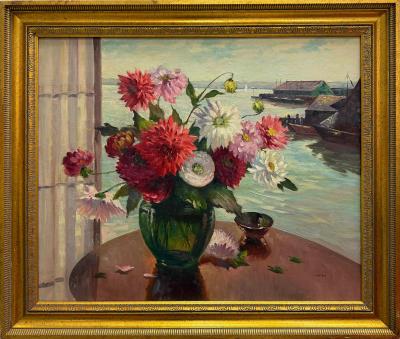 Irene Stry Vintage Irene Stry Still Life Painting with Harbor Scene Background