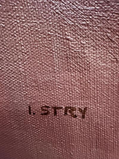 Irene Stry Vintage Irene Stry Still Life Painting with Harbor Scene Background